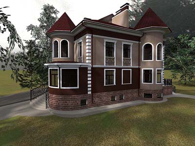 Боковой фасад коттеджа с эркерами Боковой фасад коттеджа с эркерами