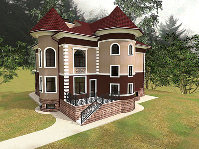 Центральный фасад коттеджа с эркерами Центральный фасад коттеджа с эркерами